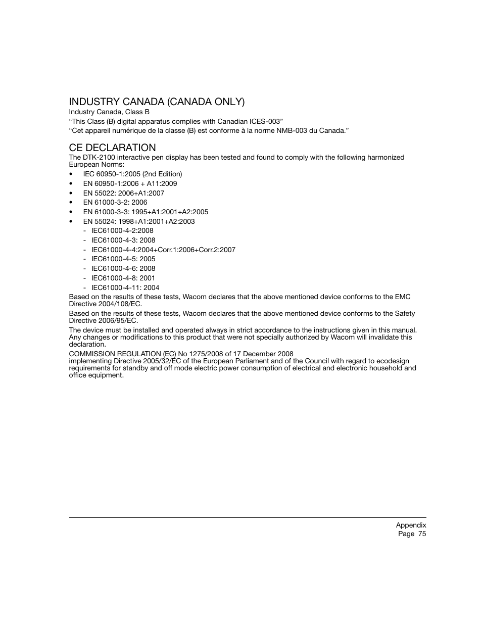Industry canada (canada only), Ce declaration, Industry canada (canada only) ce declaration | Wacom 21UX User Manual | Page 77 / 92