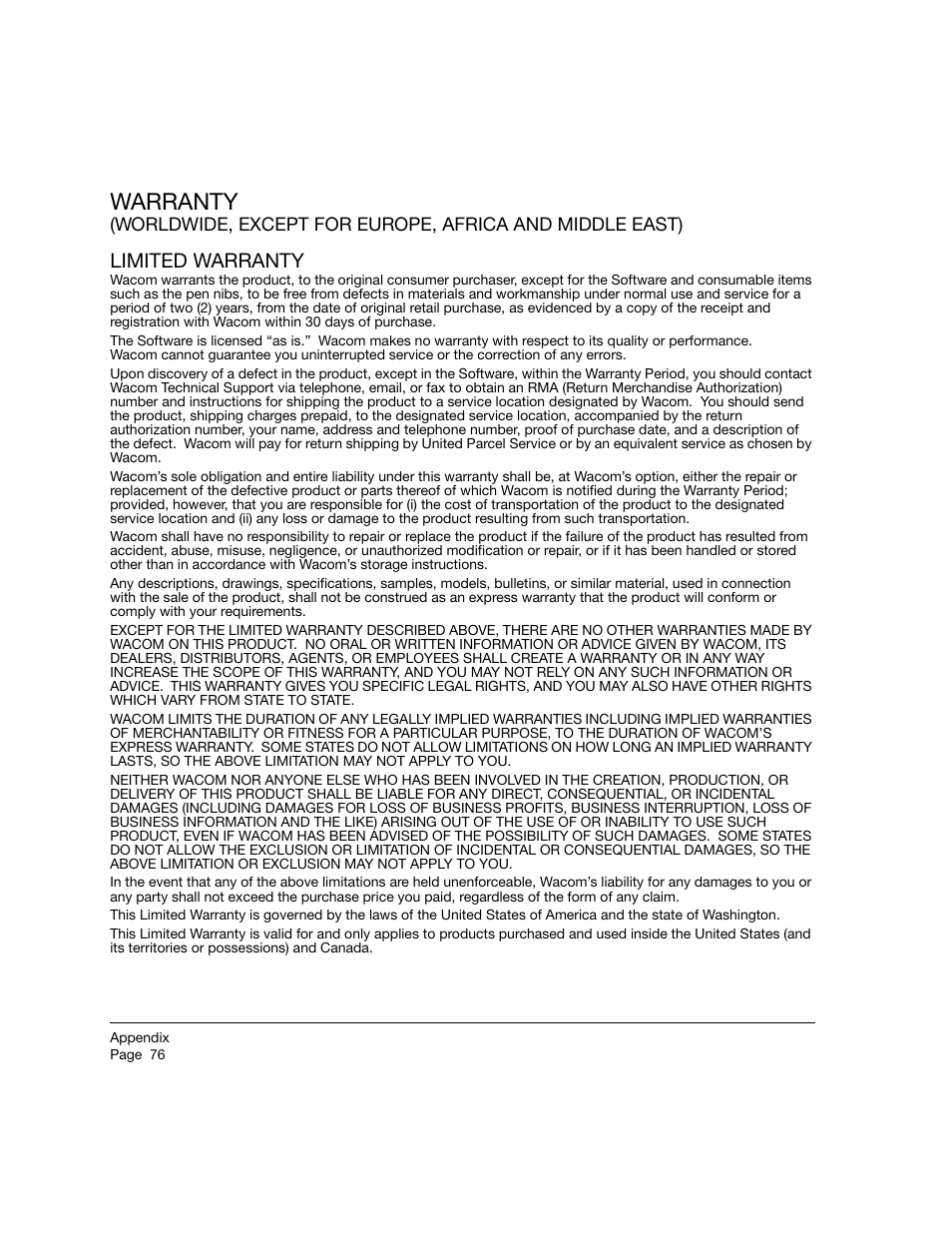 Limited warranty, Warranty | Wacom 21UX User Manual | Page 78 / 92