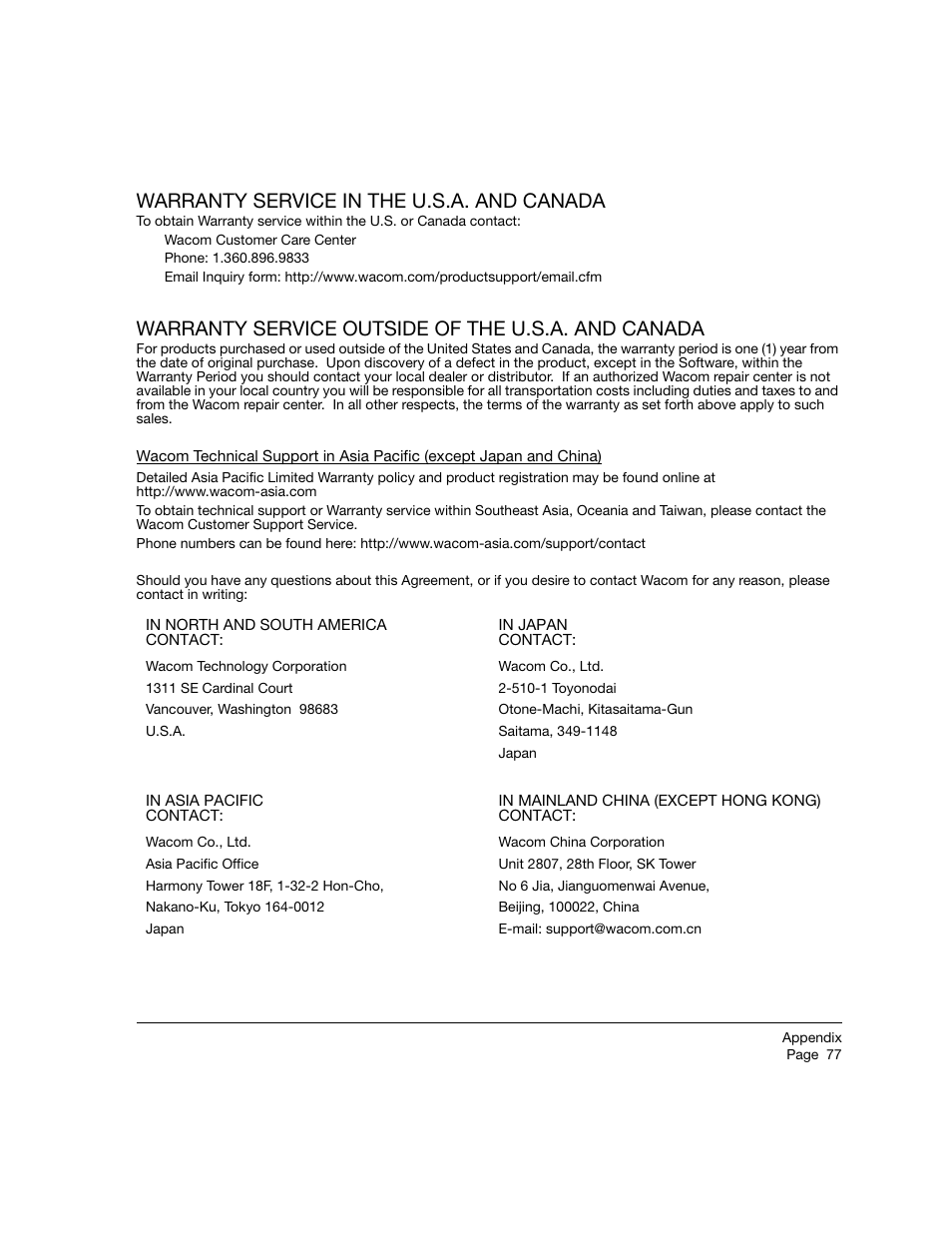 Warranty service in the u.s.a. and canada, Warranty service outside of the u.s.a. and canada | Wacom 21UX User Manual | Page 79 / 92