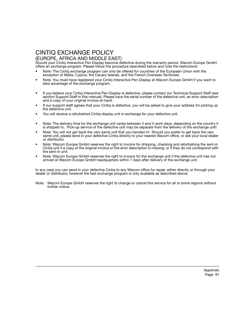 Cintiq exchange policy, Europe, africa and middle east) | Wacom 21UX User Manual | Page 83 / 92