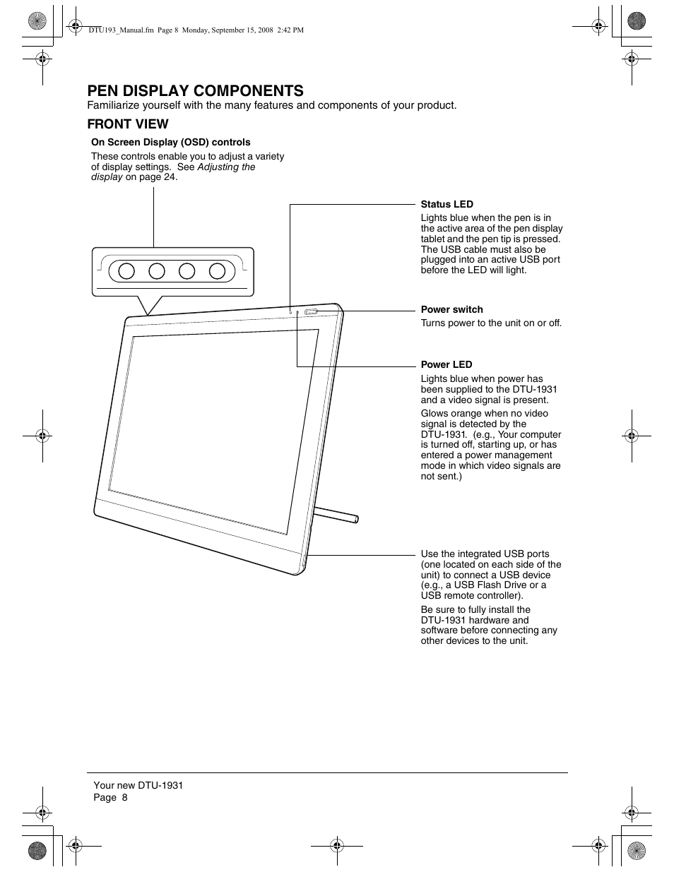 Pen display components | Wacom DTU-1931 User Manual | Page 12 / 56