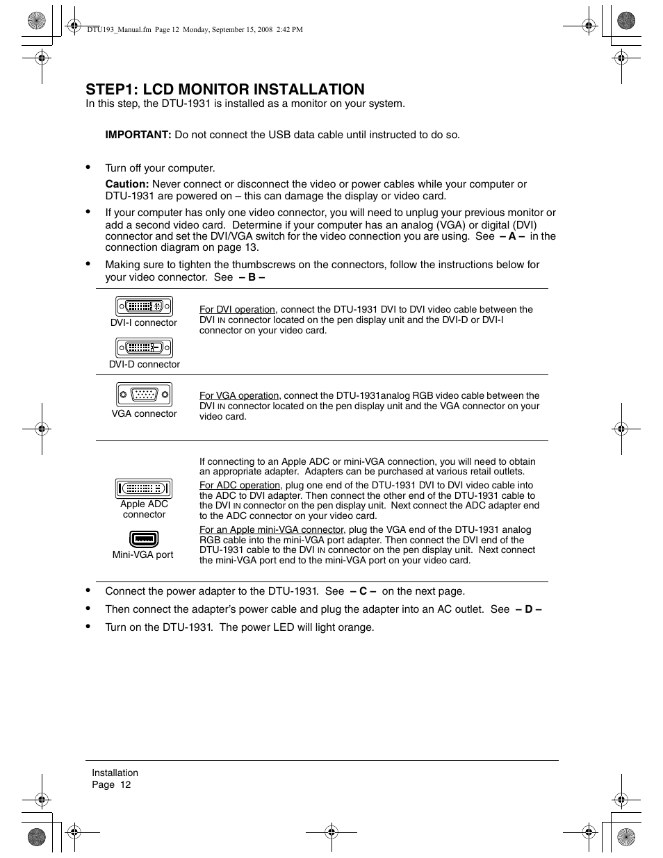 Step1: lcd monitor installation | Wacom DTU-1931 User Manual | Page 16 / 56