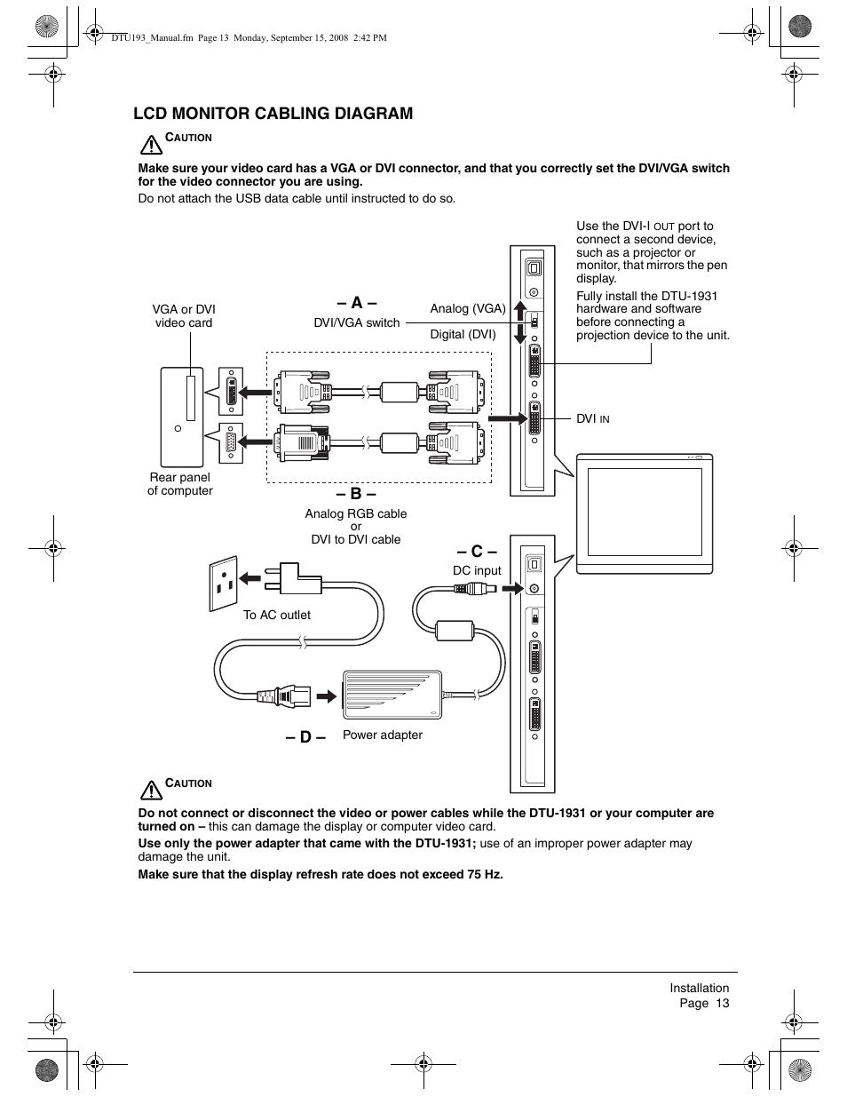 Lcd monitor cabling diagram | Wacom DTU-1931 User Manual | Page 17 / 56