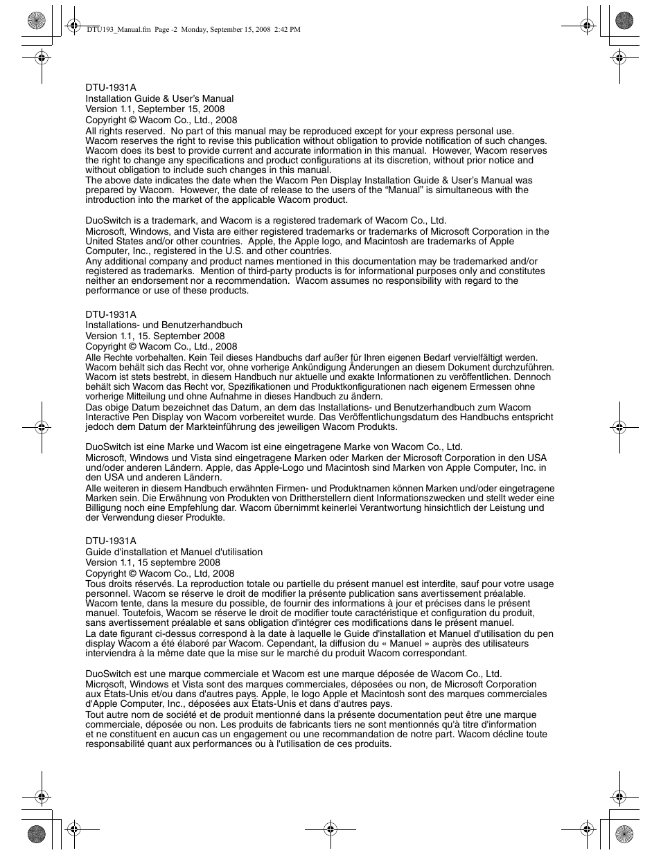 Wacom DTU-1931 User Manual | Page 2 / 56