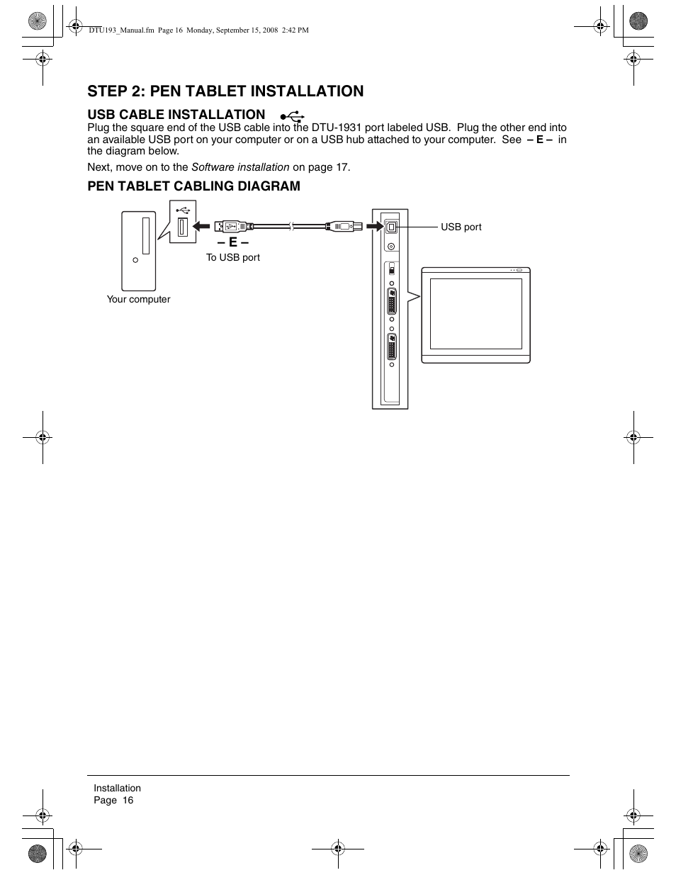 Step 2: pen tablet installation | Wacom DTU-1931 User Manual | Page 20 / 56