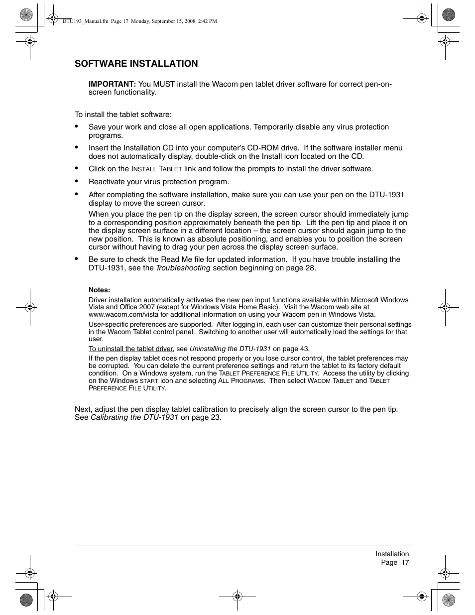 Software installation | Wacom DTU-1931 User Manual | Page 21 / 56