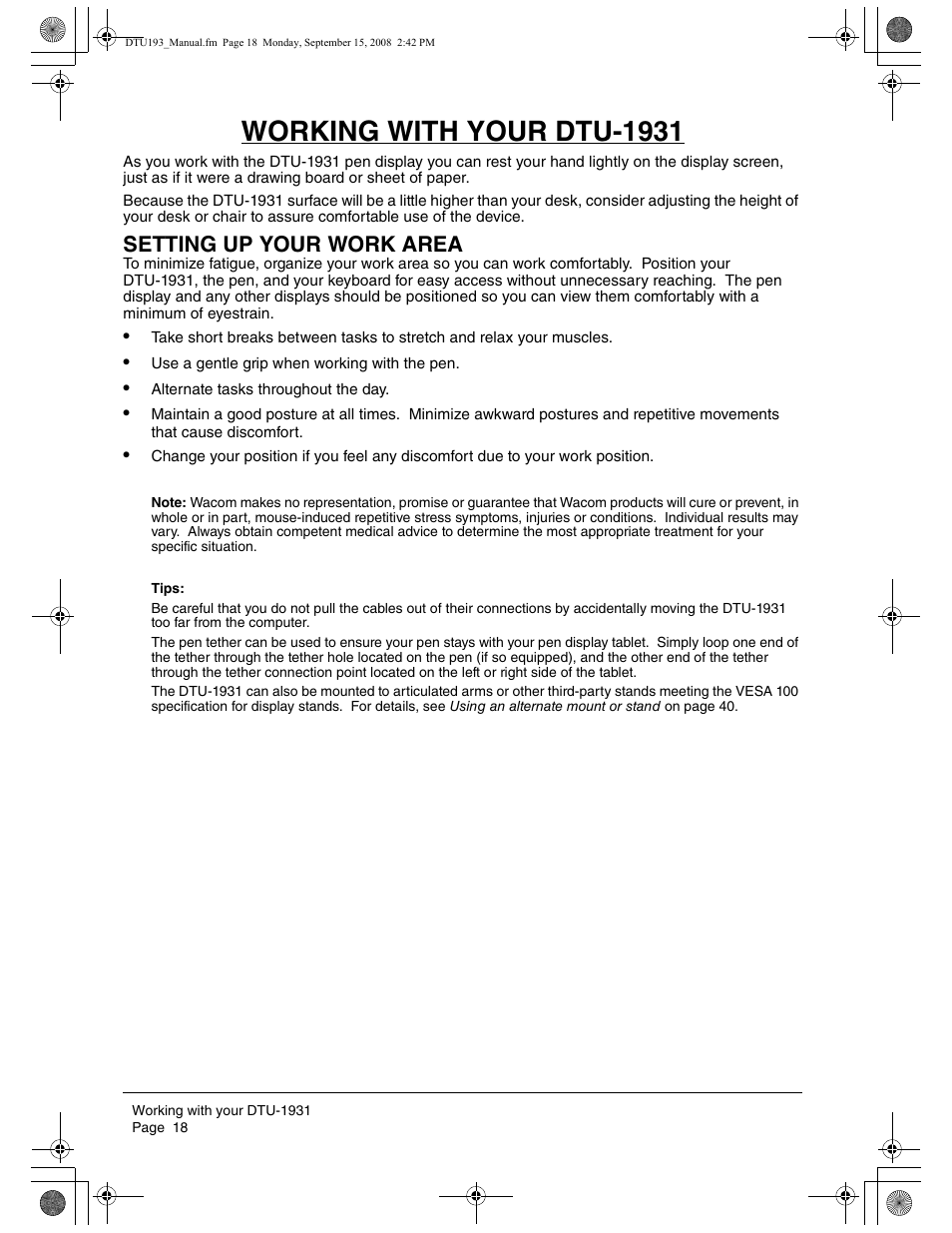 Working with your dtu-1931, Setting up your work area | Wacom DTU-1931 User Manual | Page 22 / 56