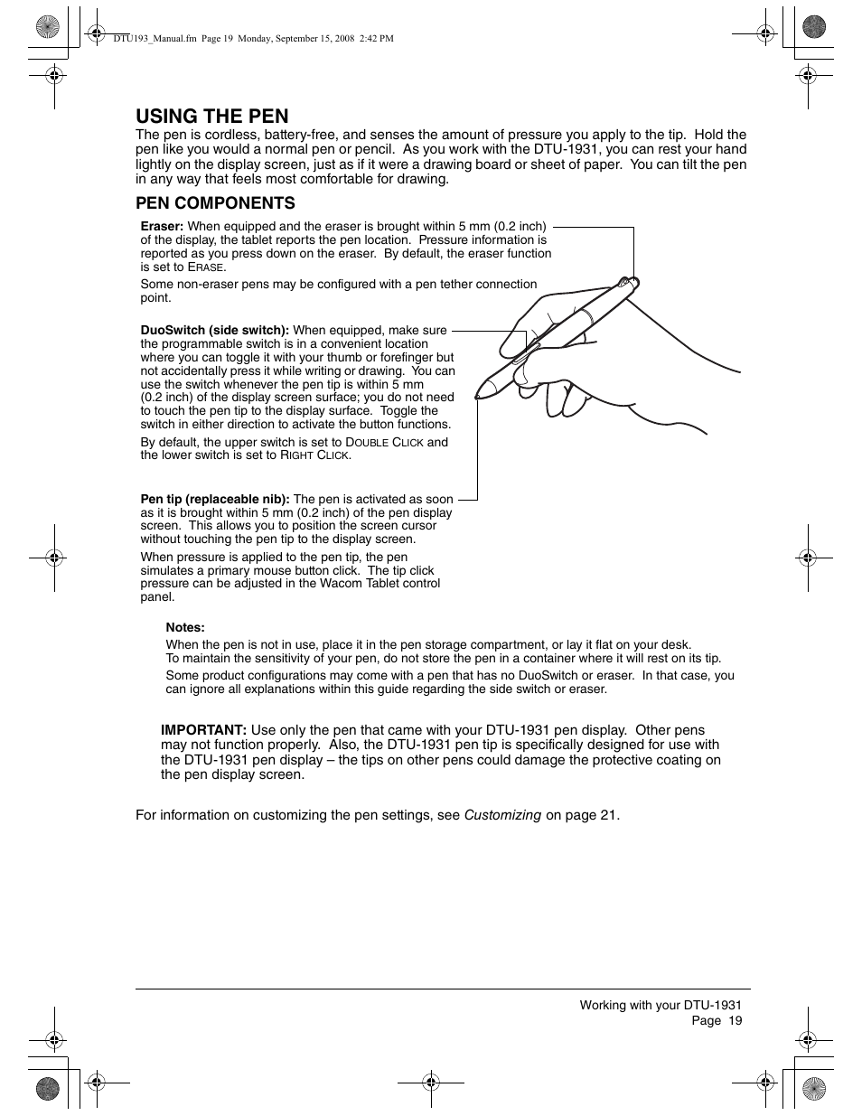Using the pen, Pen components | Wacom DTU-1931 User Manual | Page 23 / 56