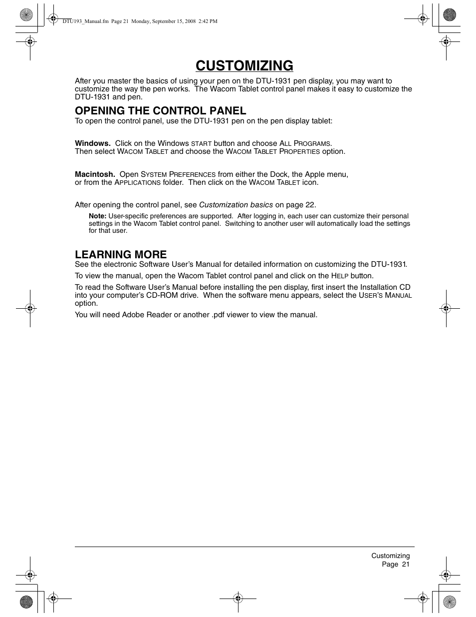 Customizing, Opening the control panel, Learning more | Wacom DTU-1931 User Manual | Page 25 / 56