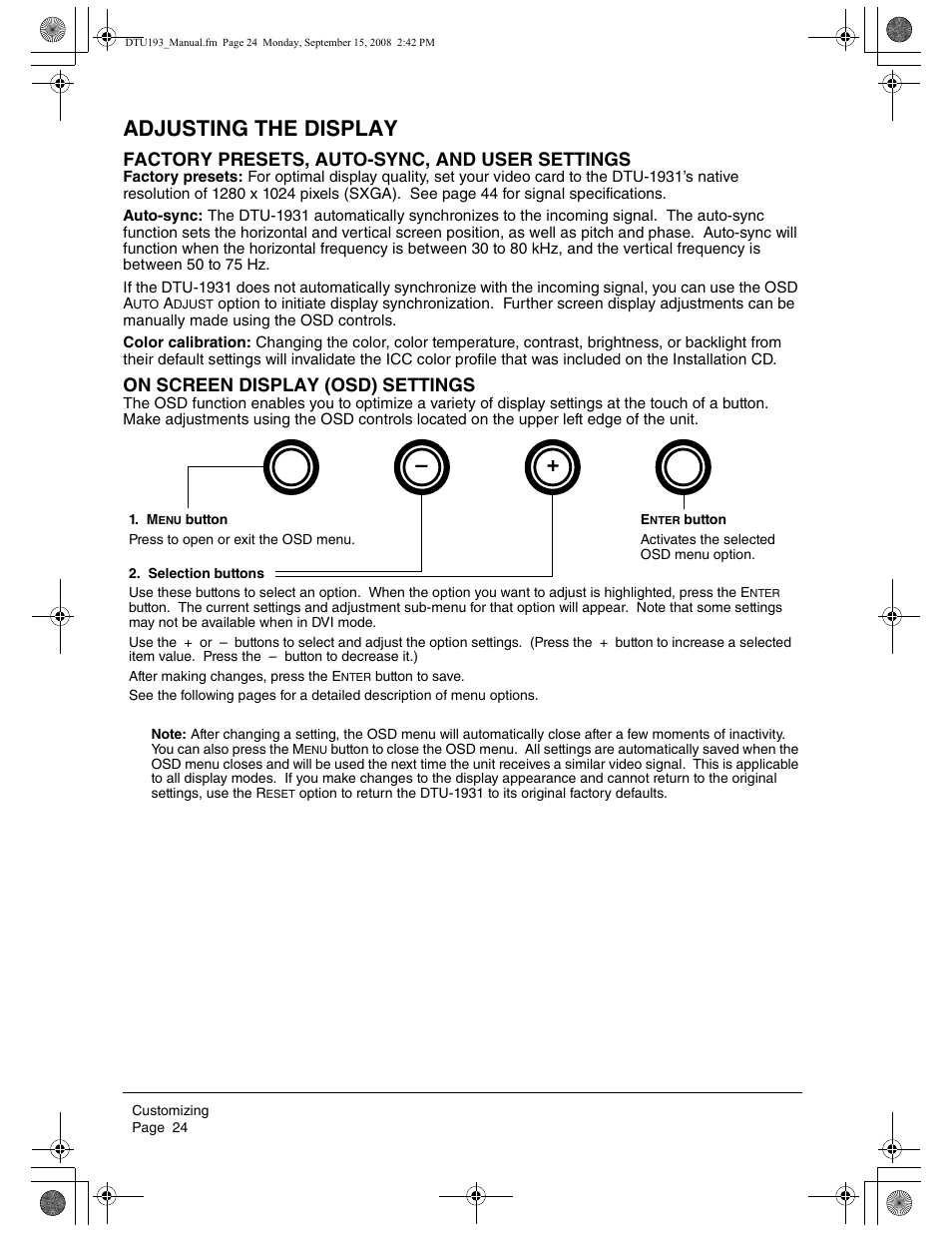 Adjusting the display, Factory presets, auto-sync, and user settings, On screen display (osd) settings | Wacom DTU-1931 User Manual | Page 28 / 56