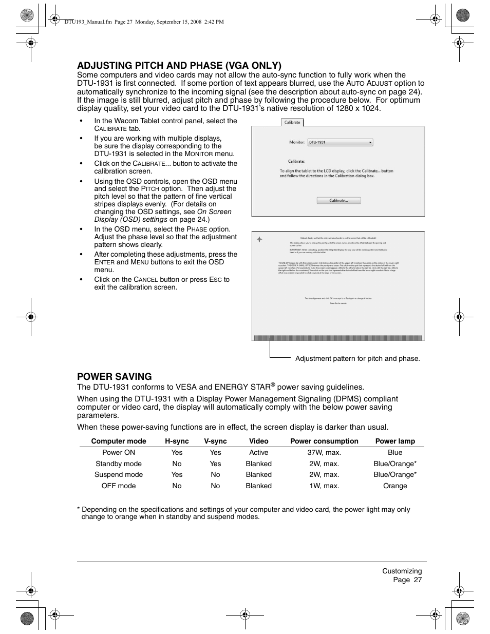 Adjusting pitch and phase (vga only), Power saving | Wacom DTU-1931 User Manual | Page 31 / 56