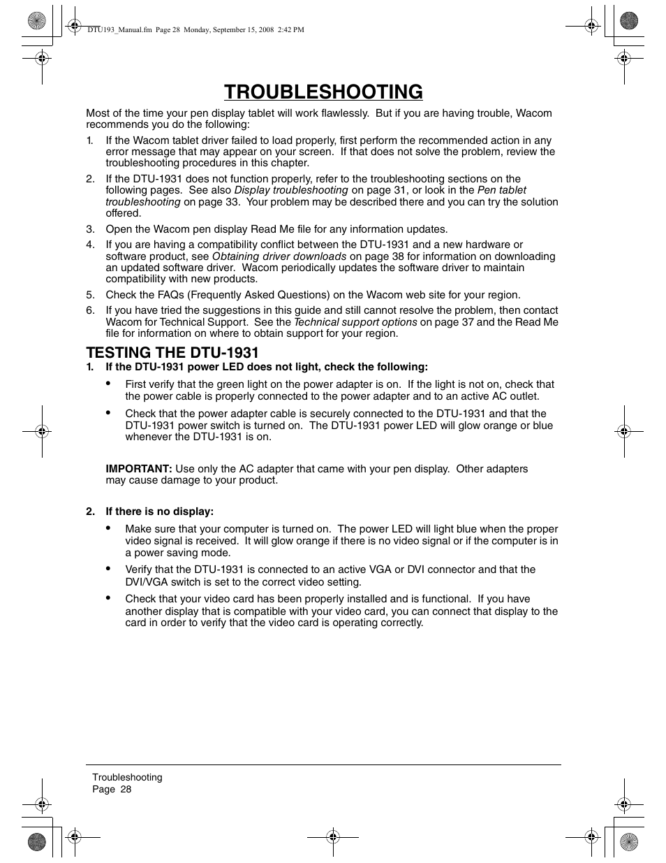 Troubleshooting, Testing the dtu-1931 | Wacom DTU-1931 User Manual | Page 32 / 56