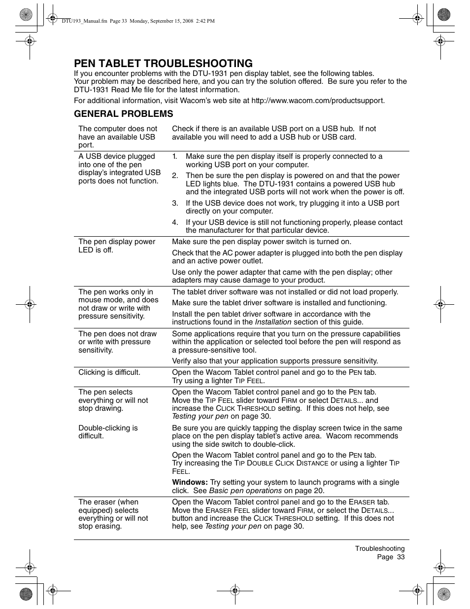 Pen tablet troubleshooting, General problems | Wacom DTU-1931 User Manual | Page 37 / 56