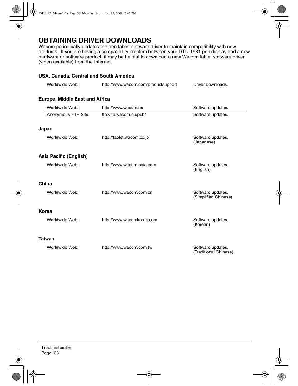 Obtaining driver downloads | Wacom DTU-1931 User Manual | Page 42 / 56