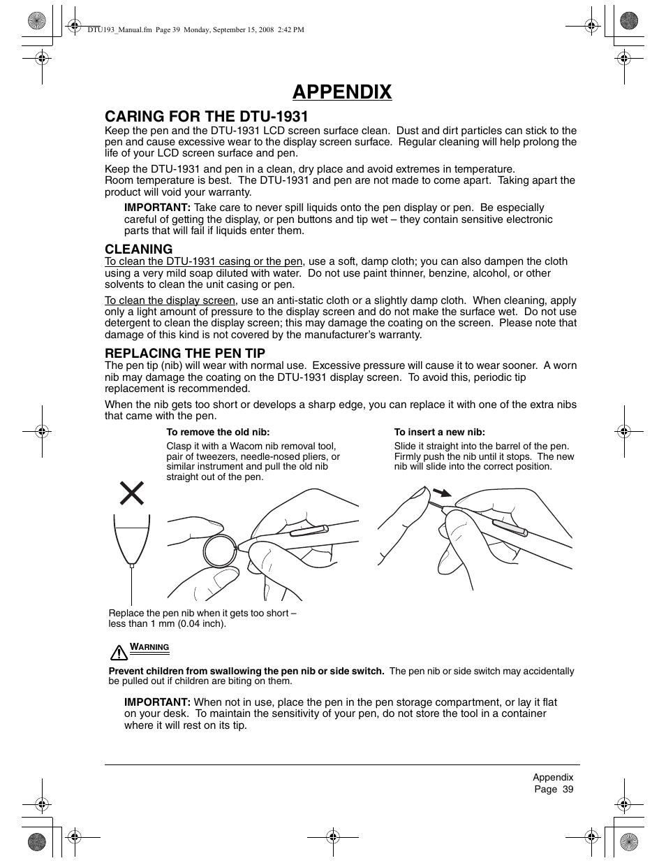 Appendix, Caring for the dtu-1931 | Wacom DTU-1931 User Manual | Page 43 / 56