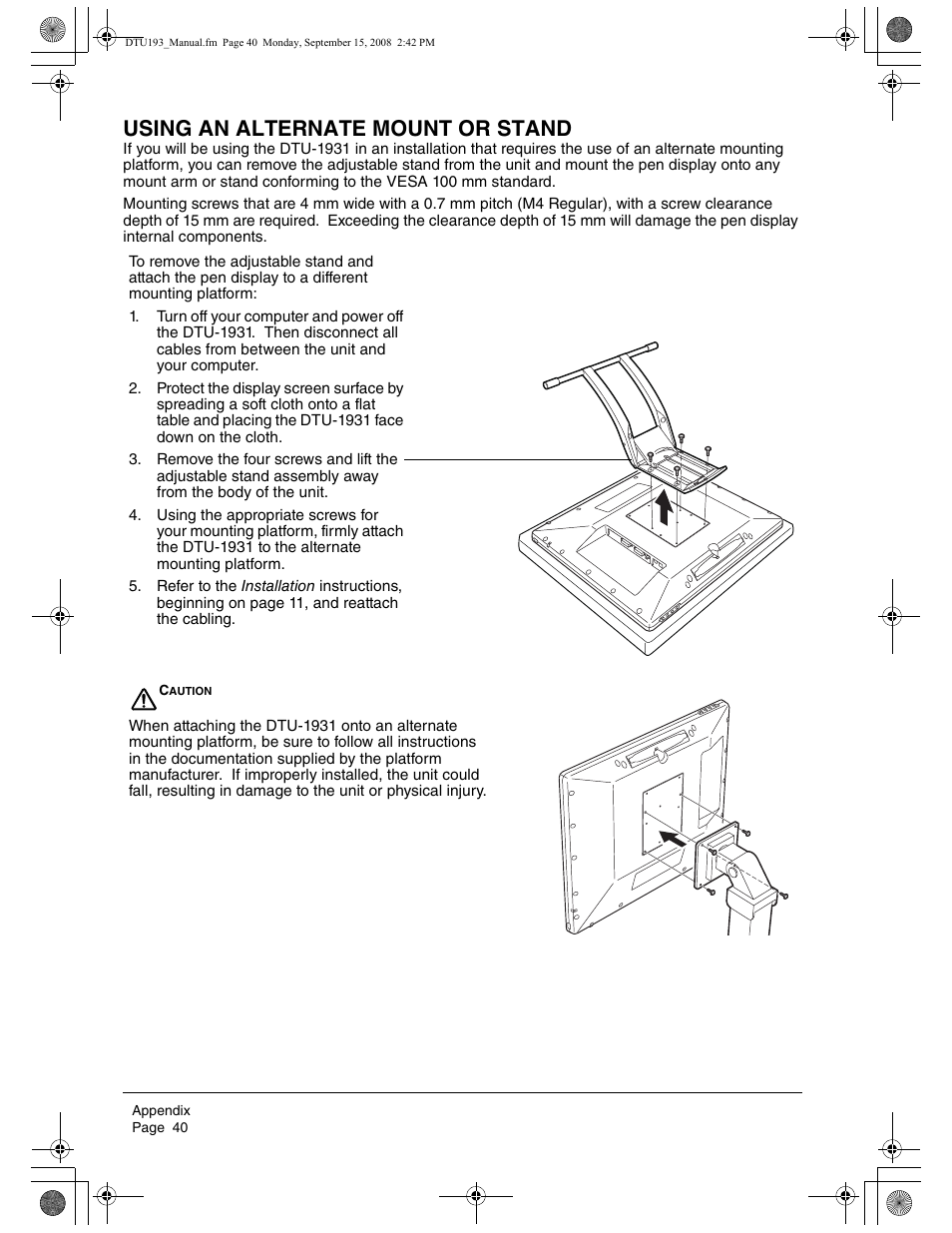 Using an alternate mount or stand | Wacom DTU-1931 User Manual | Page 44 / 56