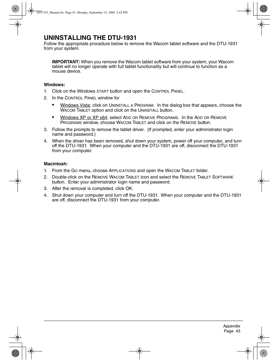 Uninstalling the dtu-1931 | Wacom DTU-1931 User Manual | Page 47 / 56