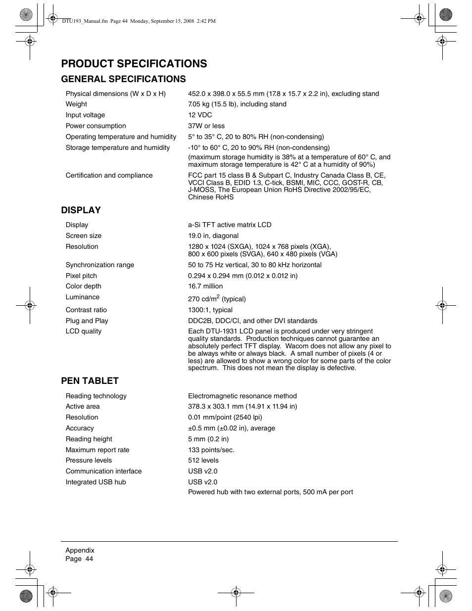 Product specifications, General specifications display pen tablet | Wacom DTU-1931 User Manual | Page 48 / 56