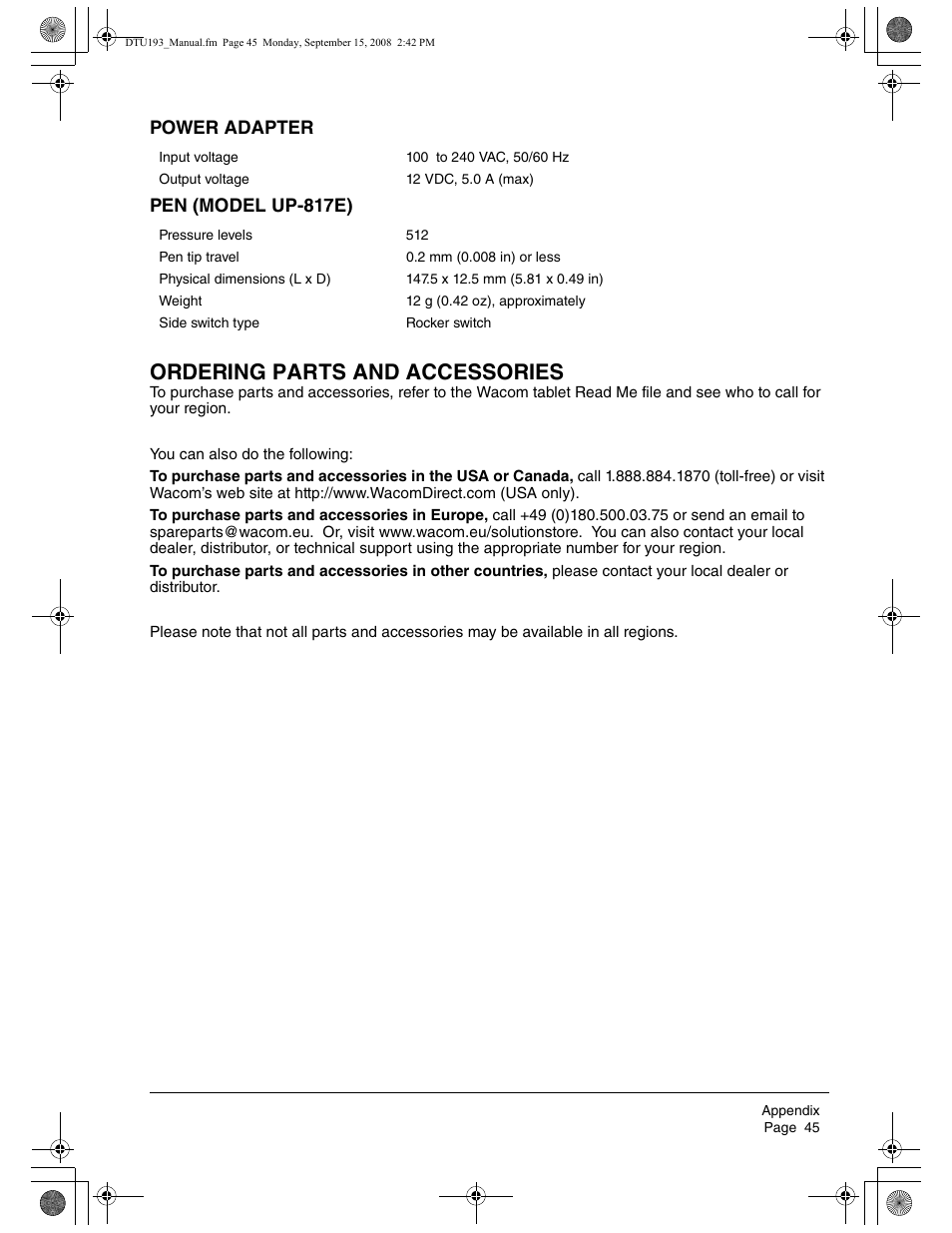 Ordering parts and accessories | Wacom DTU-1931 User Manual | Page 49 / 56