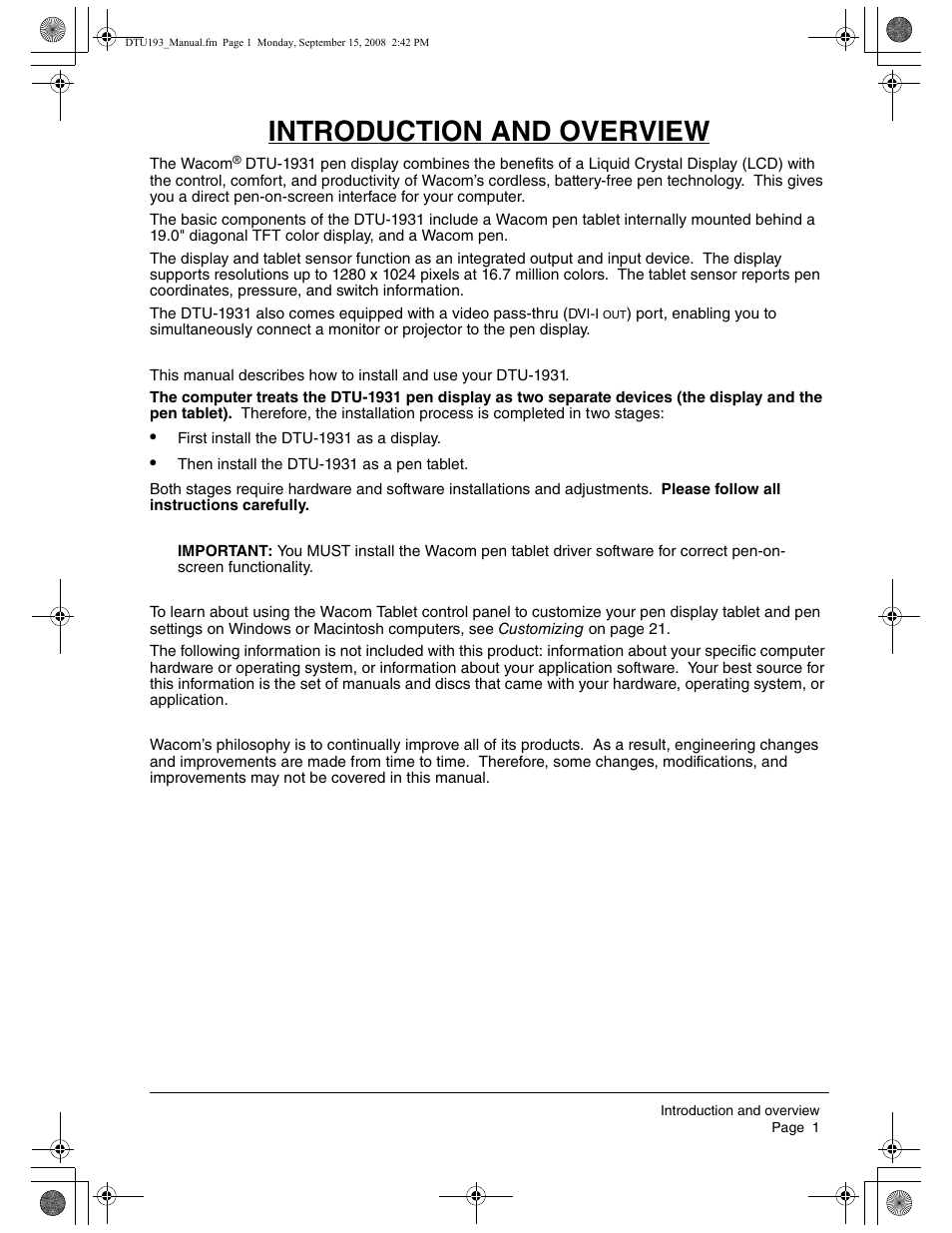 Introduction and overview | Wacom DTU-1931 User Manual | Page 5 / 56