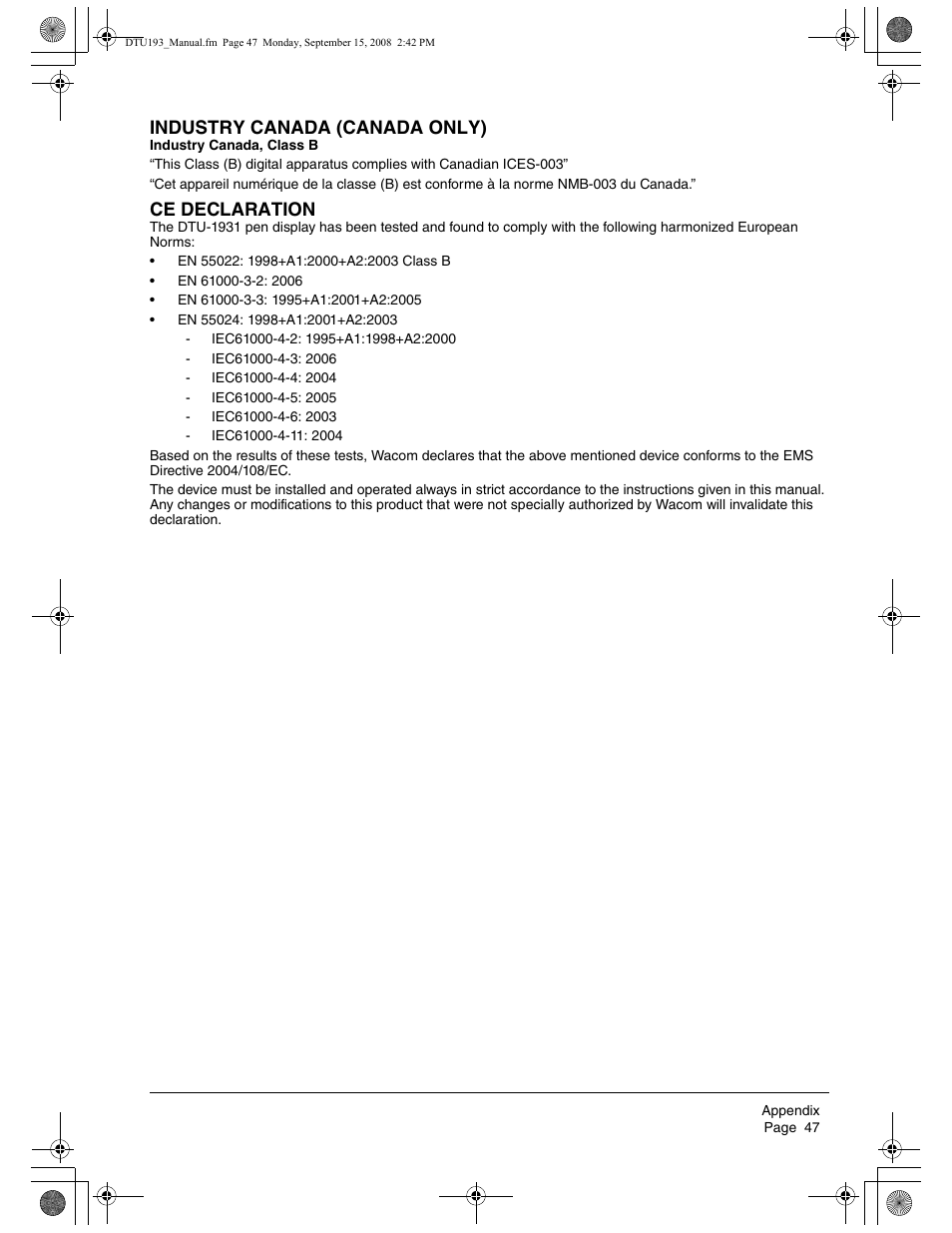 Industry canada (canada only), Ce declaration | Wacom DTU-1931 User Manual | Page 51 / 56