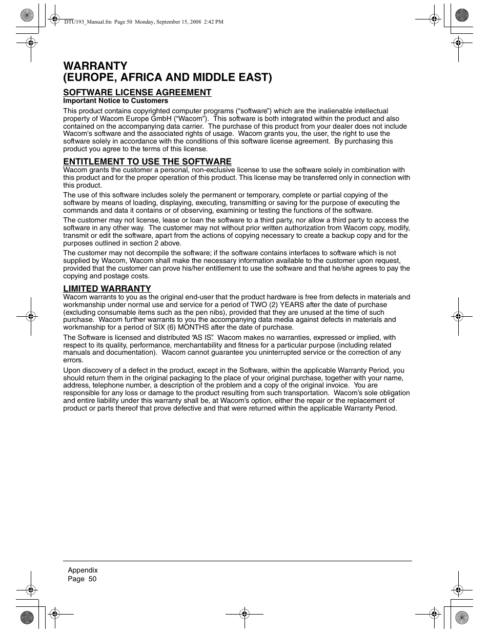 Warranty (europe, africa and middle east) | Wacom DTU-1931 User Manual | Page 54 / 56