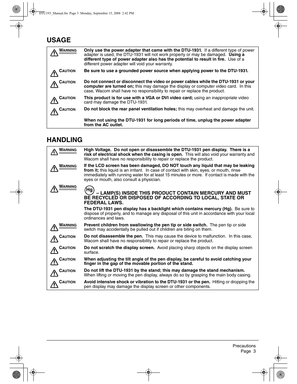 Usage handling | Wacom DTU-1931 User Manual | Page 7 / 56