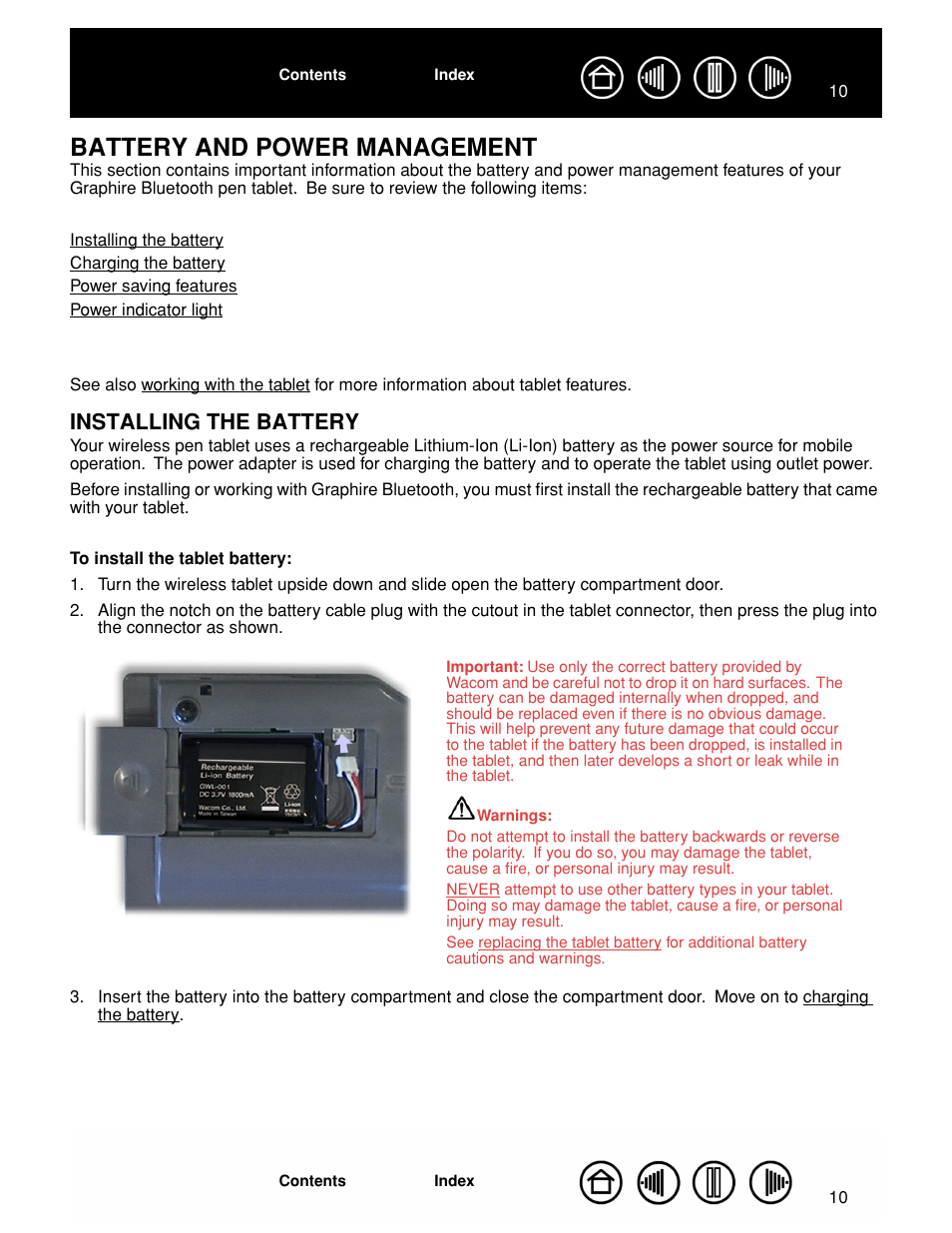 Battery and power management, Installing the battery, See installing the battery | Wacom GRAPHIRE CTE-630BT User Manual | Page 10 / 74