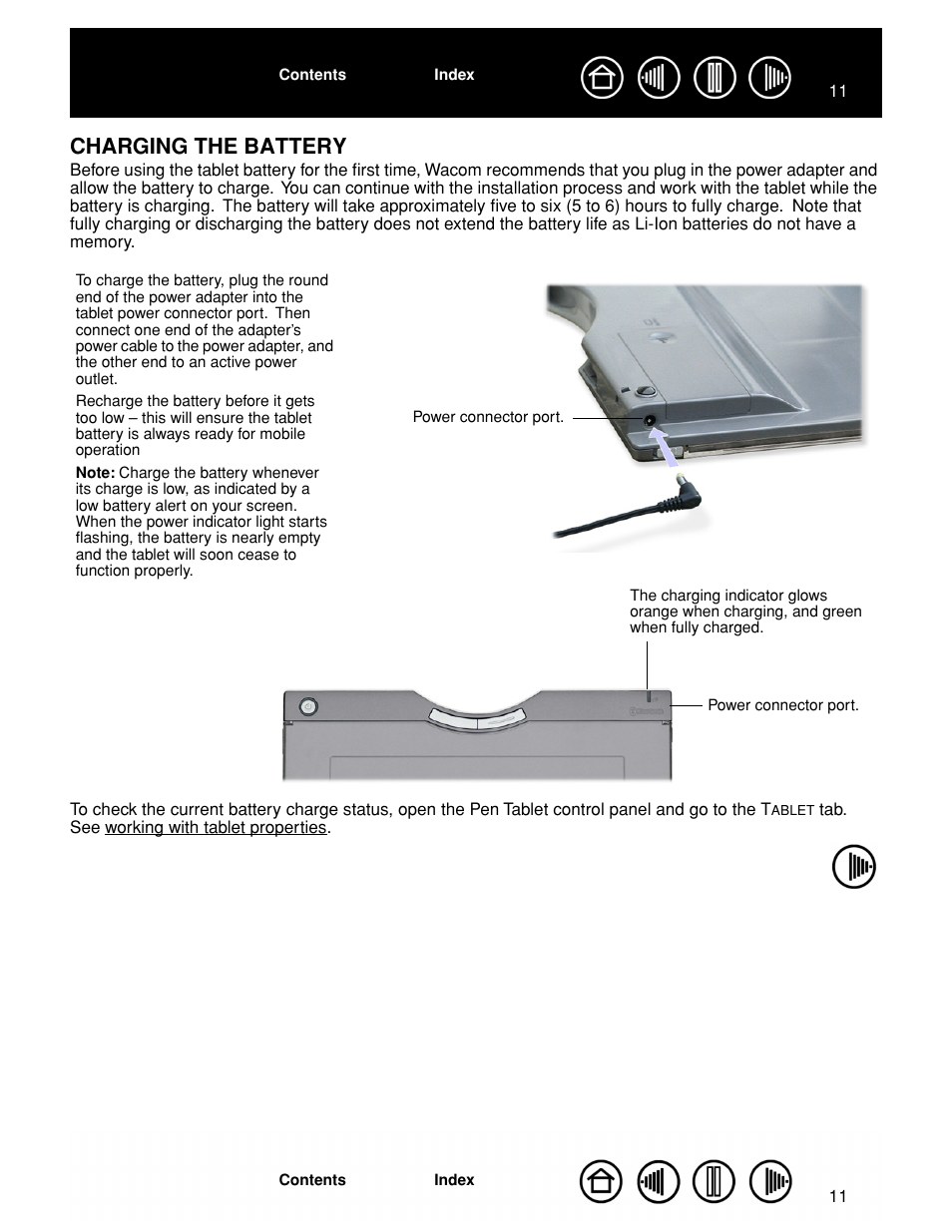 Charging the battery, See charging the battery, On to charging | The battery | Wacom GRAPHIRE CTE-630BT User Manual | Page 11 / 74