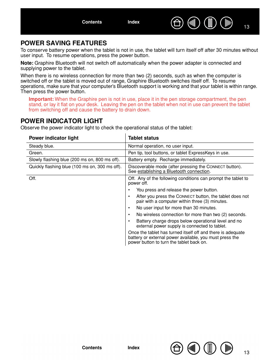 Power saving features, Power indicator light, Ated power indicator light | Power saving features power indicator light | Wacom GRAPHIRE CTE-630BT User Manual | Page 13 / 74