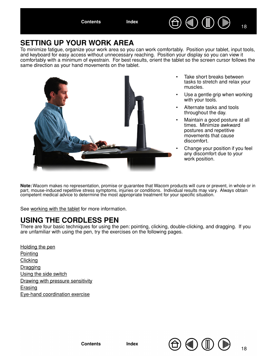 Setting up your work area, Using the cordless pen, Using a pen | Setting up your work area using the cordless pen, Graphire pen | Wacom GRAPHIRE CTE-630BT User Manual | Page 18 / 74