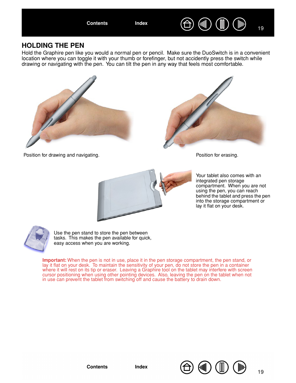 Holding the pen | Wacom GRAPHIRE CTE-630BT User Manual | Page 19 / 74