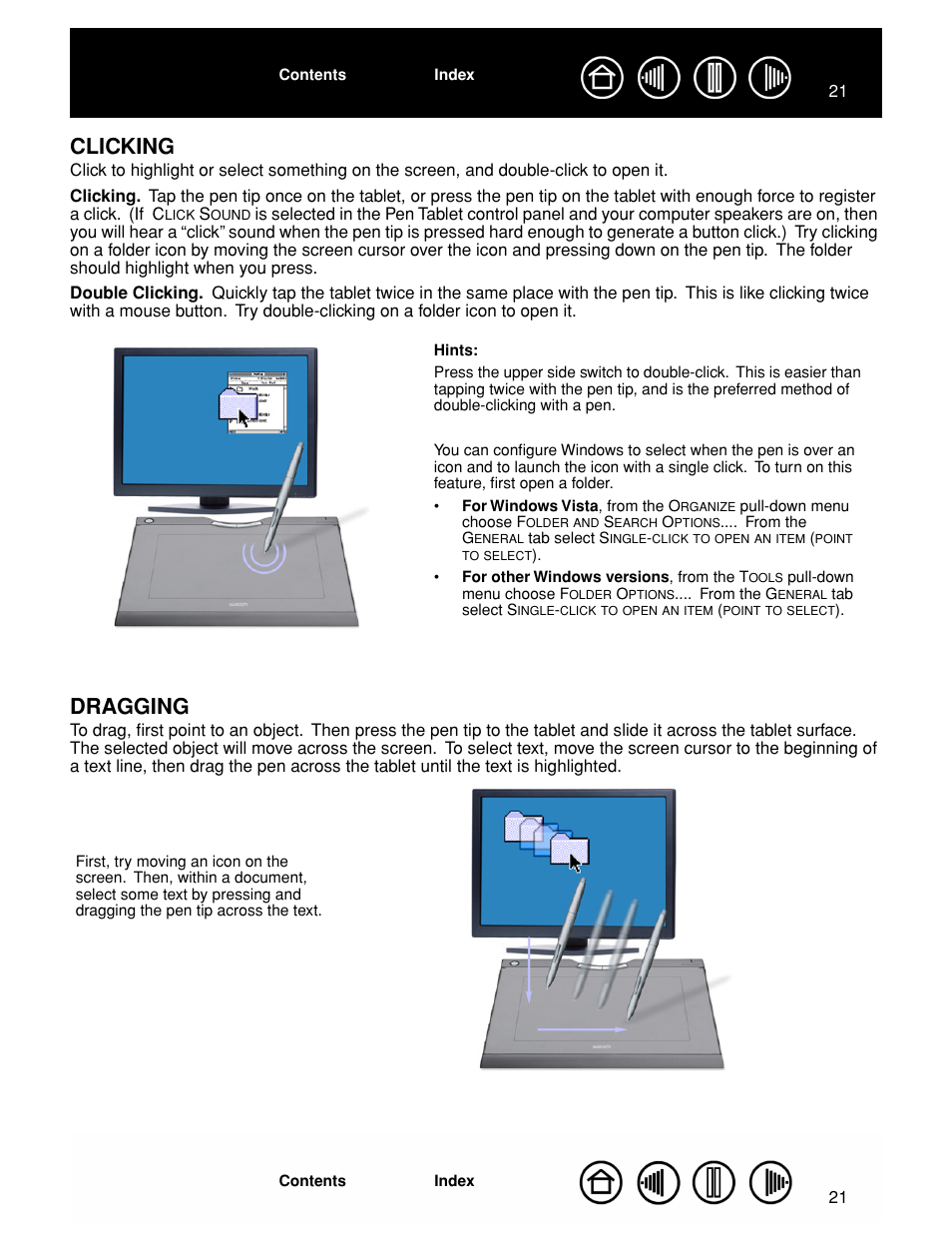 Clicking, Dragging, Clicking 21 dragging 21 | Clicking dragging | Wacom GRAPHIRE CTE-630BT User Manual | Page 21 / 74