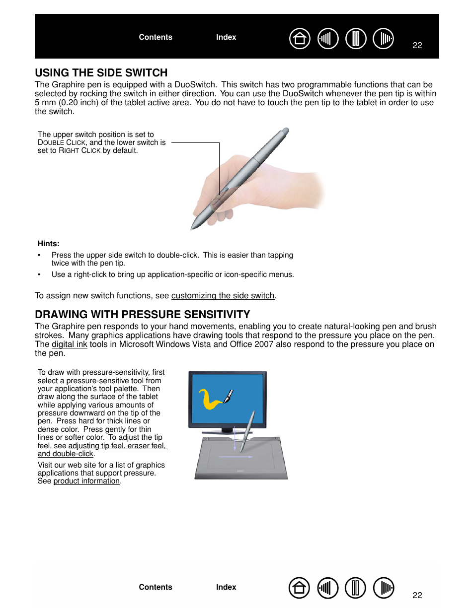 Using the side switch, Drawing with pressure sensitivity, Duoswitch | Wacom GRAPHIRE CTE-630BT User Manual | Page 22 / 74