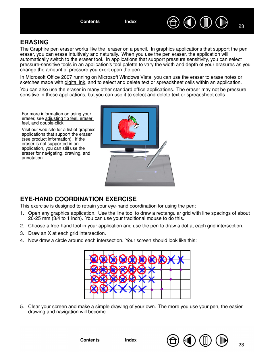 Erasing, Eye-hand coordination exercise, Erasing 23 eye-hand coordination exercise | Eraser, Erasing eye-hand coordination exercise, Y the eye-hand coordination exercise | Wacom GRAPHIRE CTE-630BT User Manual | Page 23 / 74