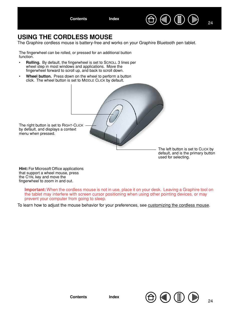 Using the cordless mouse, Using a cordless mouse, Fingerwheel | Graphire cordless mouse | Wacom GRAPHIRE CTE-630BT User Manual | Page 24 / 74