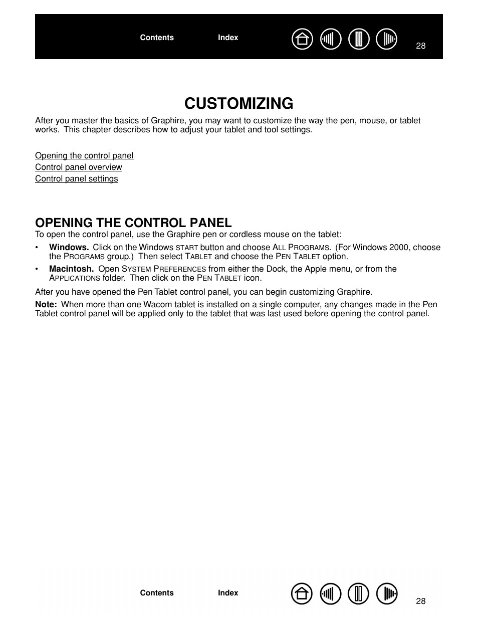 Customizing, Opening the control panel, Customizing 28 opening the control panel | Customizing descr | Wacom GRAPHIRE CTE-630BT User Manual | Page 28 / 74