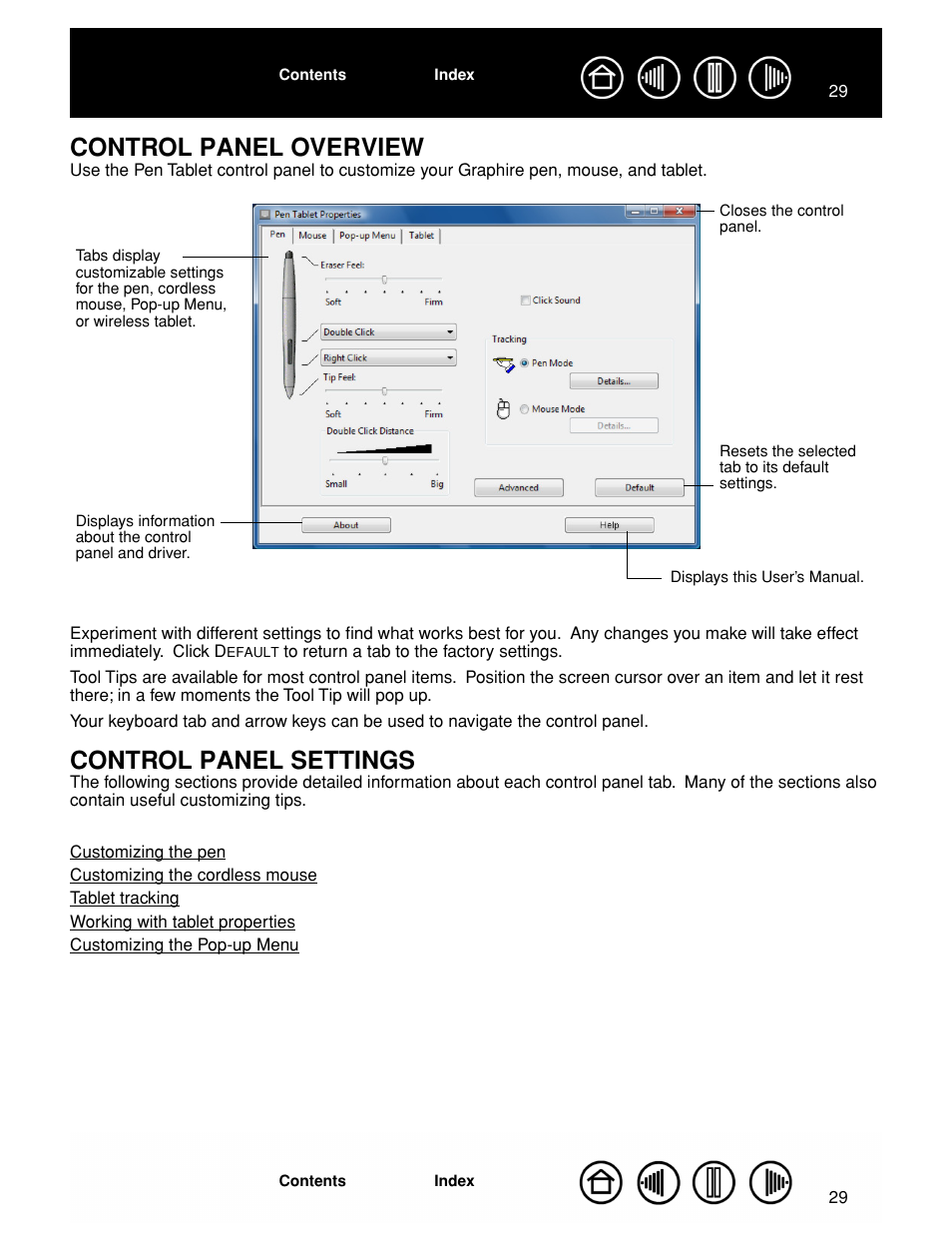 Control panel overview, Control panel settings, Control panel overview control panel settings | Wacom GRAPHIRE CTE-630BT User Manual | Page 29 / 74