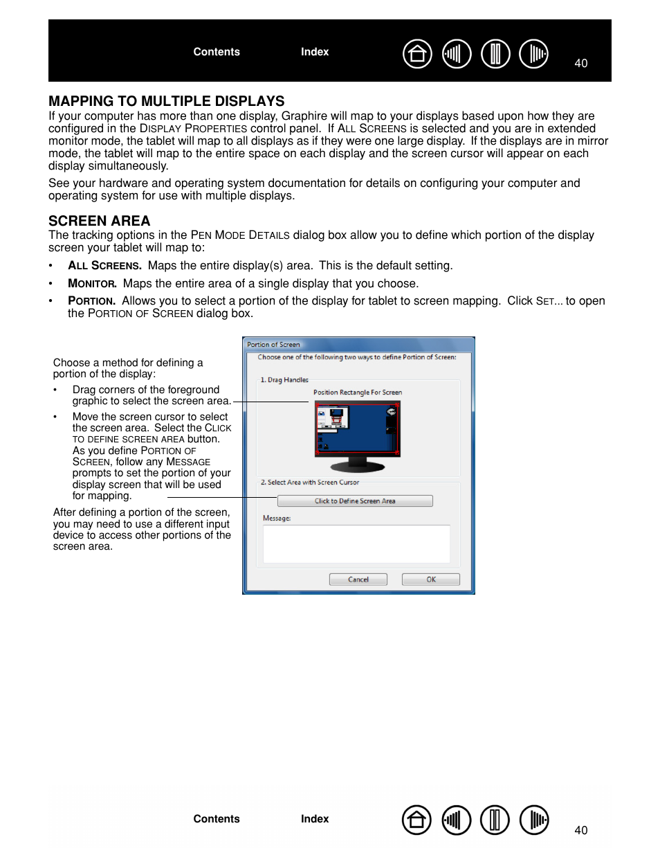 Mapping to multiple displays, Screen area, See mapping to multiple displays | See mapping to multiple displays f, The screen area | Wacom GRAPHIRE CTE-630BT User Manual | Page 40 / 74