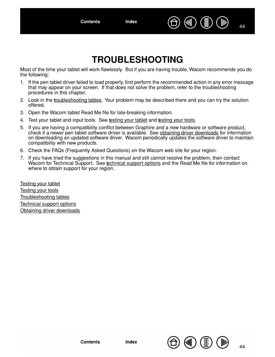 Troubleshooting, Troubleshooting 44, Leshooting guidelines? troubleshooting | Wacom GRAPHIRE CTE-630BT User Manual | Page 44 / 74