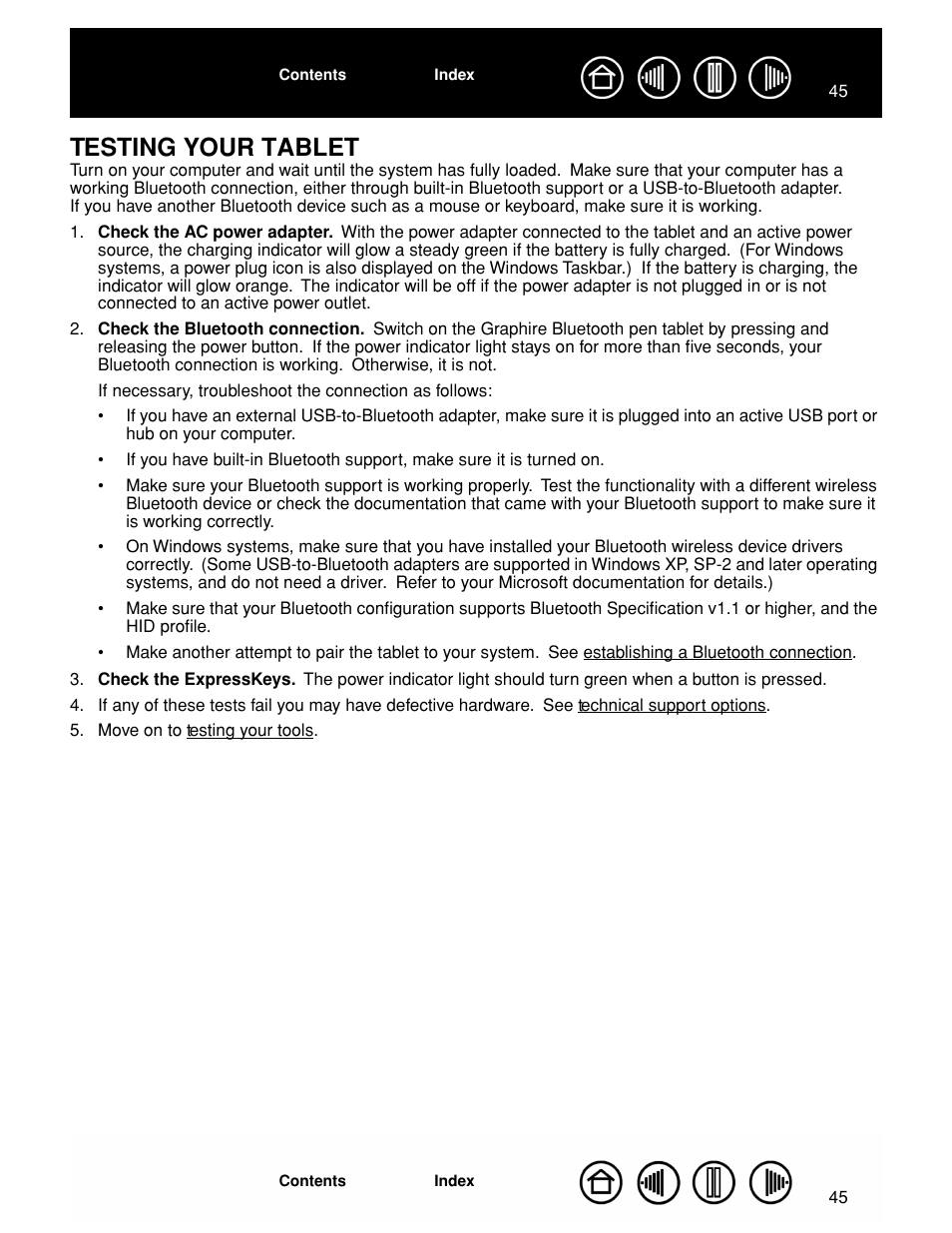 Testing your tablet, See testing your tablet and t | Wacom GRAPHIRE CTE-630BT User Manual | Page 45 / 74