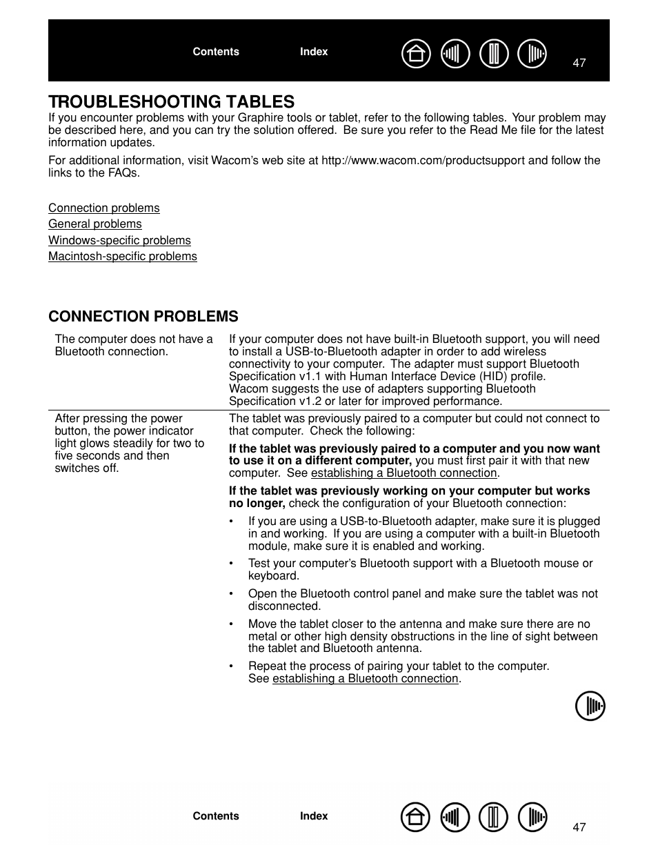 Troubleshooting tables, Connection problems, Look in the troubleshooting tables | Wacom GRAPHIRE CTE-630BT User Manual | Page 47 / 74