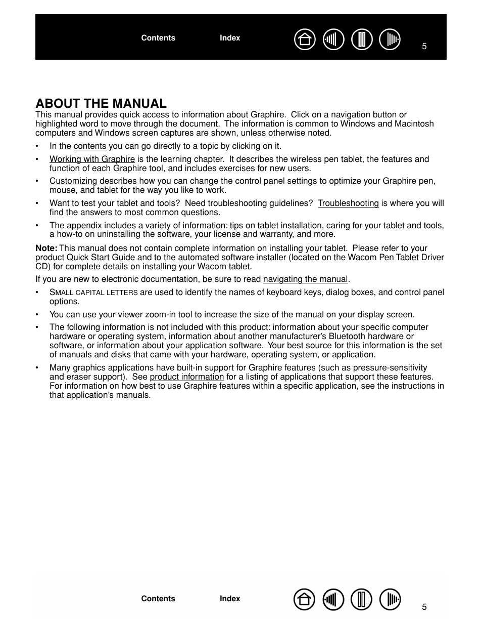 About the manual | Wacom GRAPHIRE CTE-630BT User Manual | Page 5 / 74