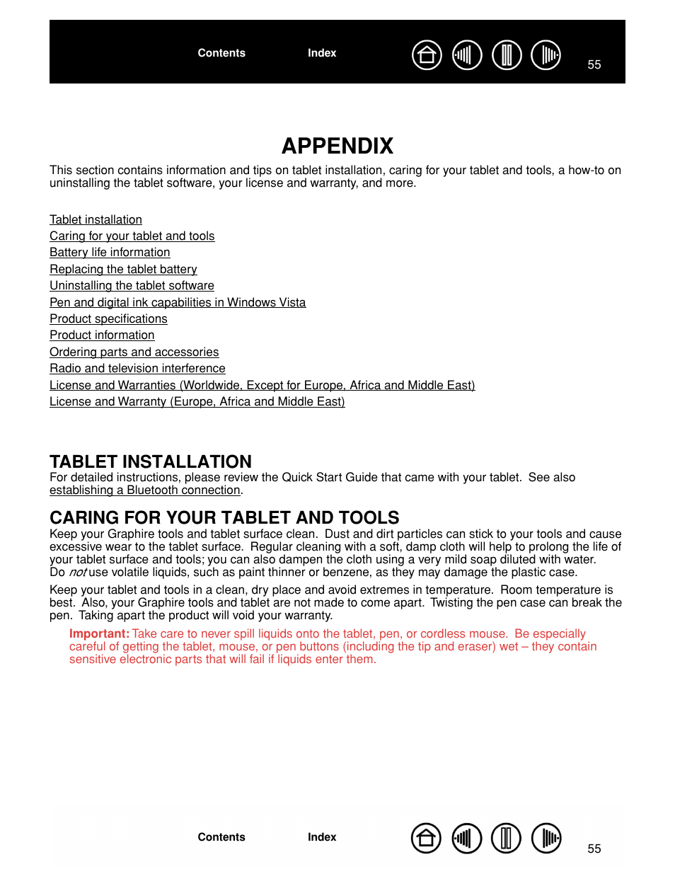 Appendix, Tablet installation, Caring for your tablet and tools | Appendix 55 tablet installation, The appendix includes a v | Wacom GRAPHIRE CTE-630BT User Manual | Page 55 / 74