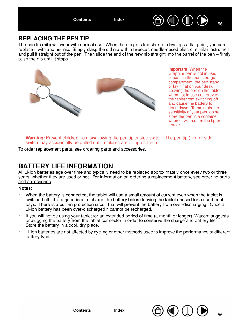 Replacing the pen tip, Battery life information, Replaceable nib | Wacom GRAPHIRE CTE-630BT User Manual | Page 56 / 74