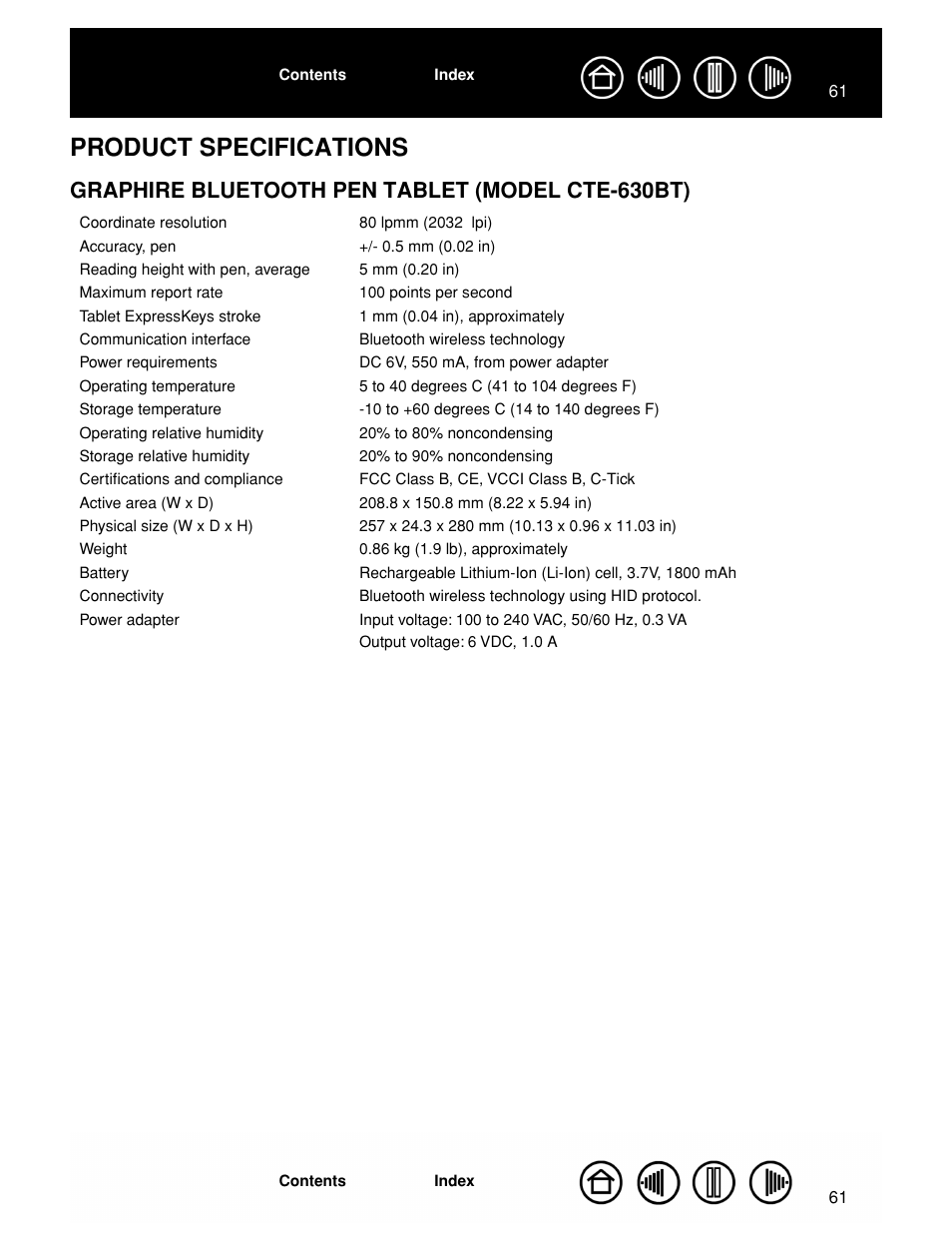 Product specifications, Graphire bluetooth pen tablet (model cte-630bt), Graphire bluetooth pen tablet | Model cte-630bt) | Wacom GRAPHIRE CTE-630BT User Manual | Page 61 / 74