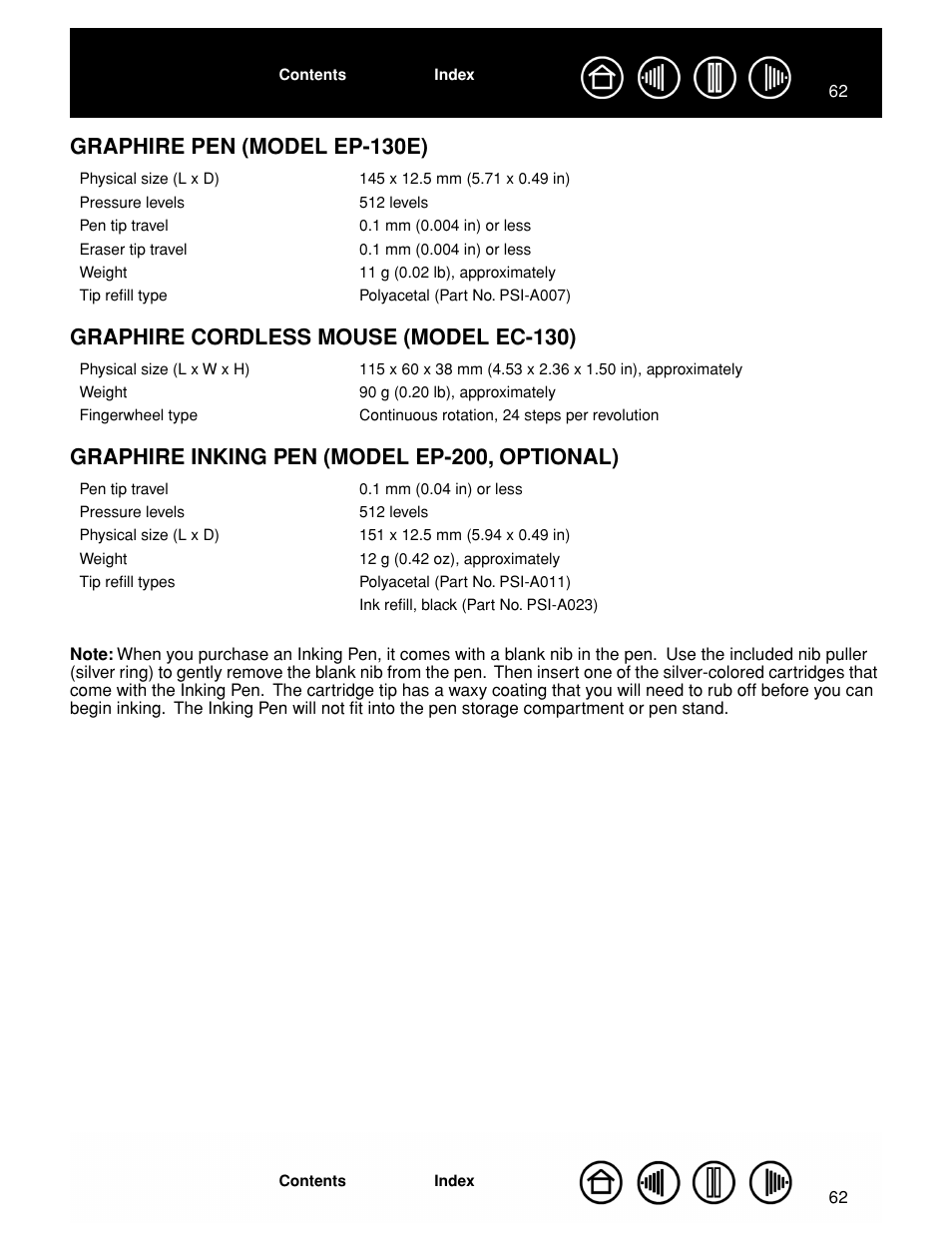 Graphire pen (model ep-130e), Graphire cordless mouse (model ec-130), Graphire inking pen (model ep-200, optional) | Wacom GRAPHIRE CTE-630BT User Manual | Page 62 / 74