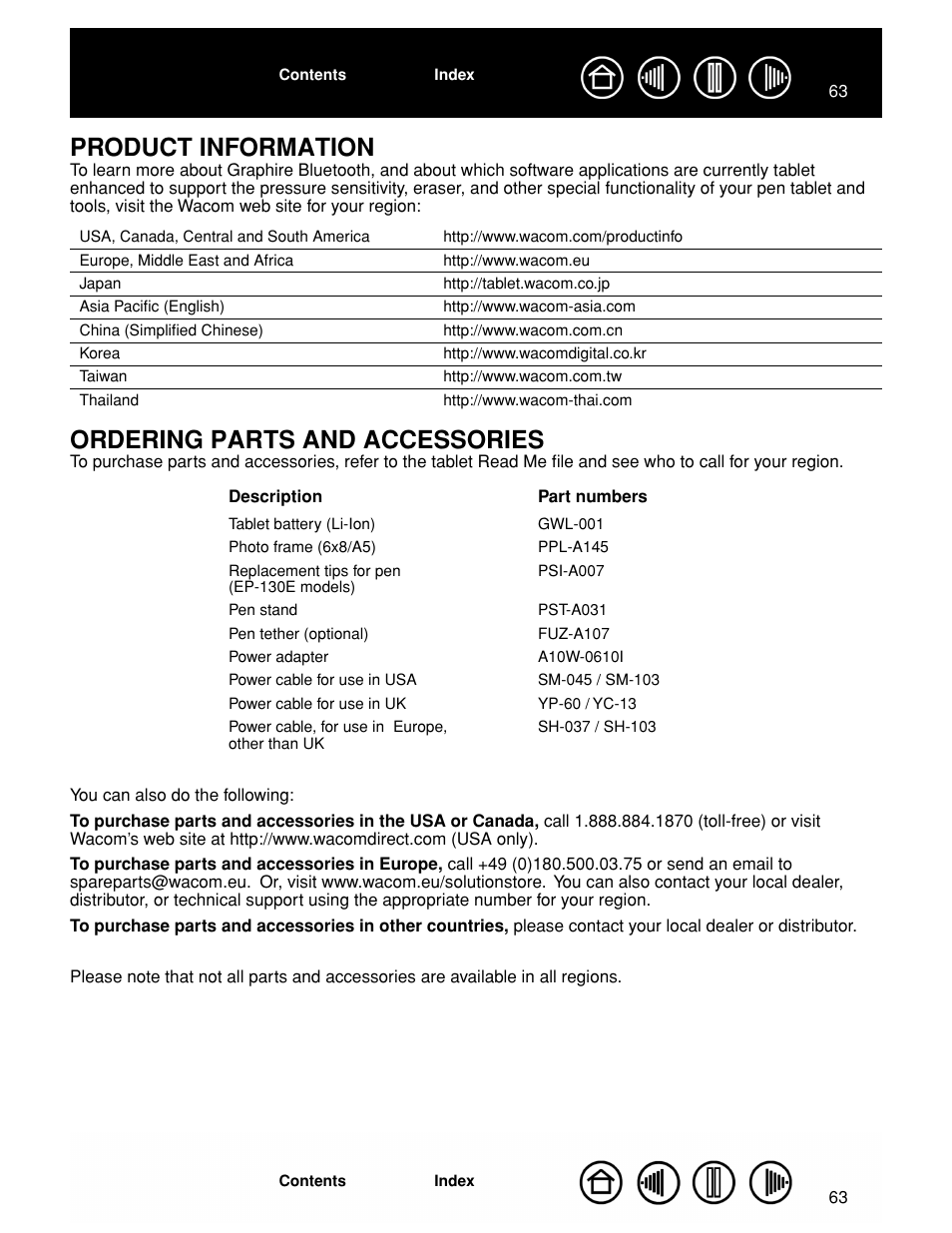 Product information, Ordering parts and accessories, See product information f | See product information, See ordering parts and accessories, Product information ordering parts and accessories | Wacom GRAPHIRE CTE-630BT User Manual | Page 63 / 74