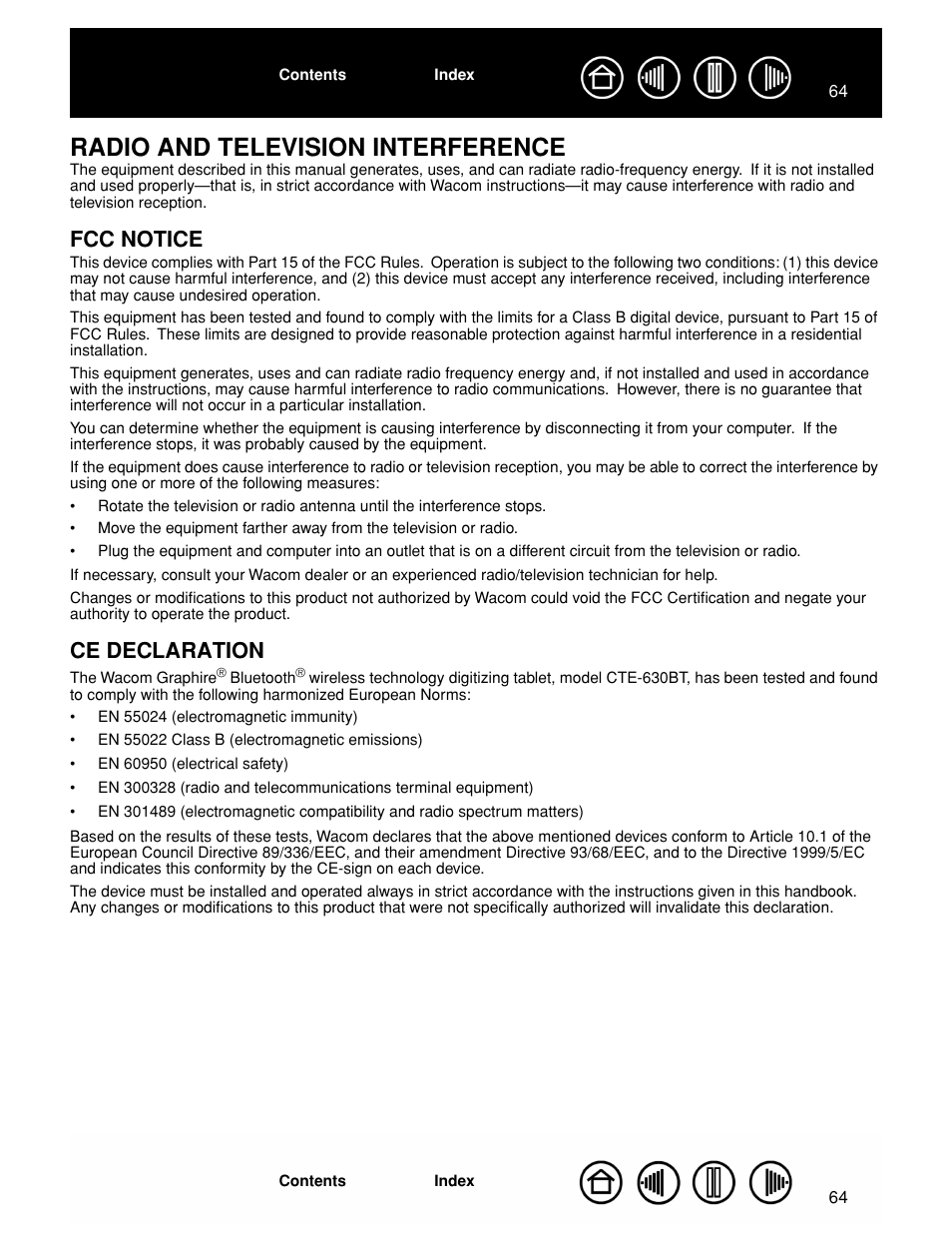 Radio and television interference, Fcc notice, Ce declaration | Wacom GRAPHIRE CTE-630BT User Manual | Page 64 / 74