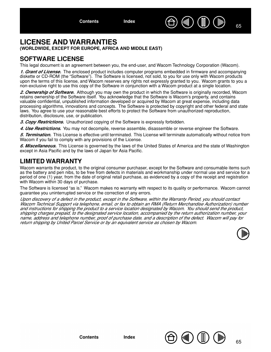 Software license, Limited warranty, License and warranties | Wacom GRAPHIRE CTE-630BT User Manual | Page 65 / 74